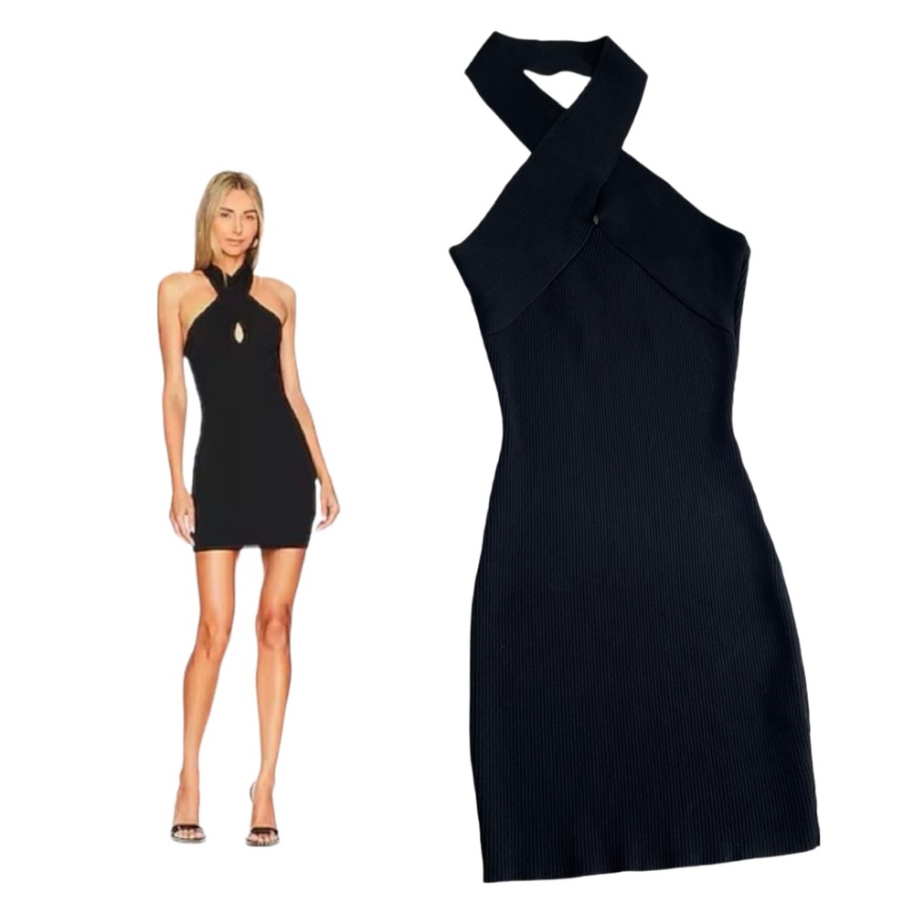 Revolve x ALL THE WAYS Elliot Halter Mini Dress in Black Ribbed Size Large